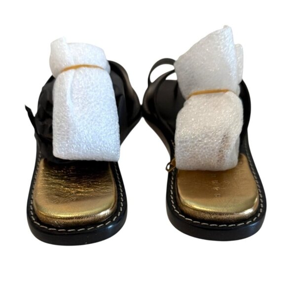 Sandro Noir Parma Flat Sandals Chain Ankle Black Leather Open Toe Size 5.5 INB - Picture 4 of 9